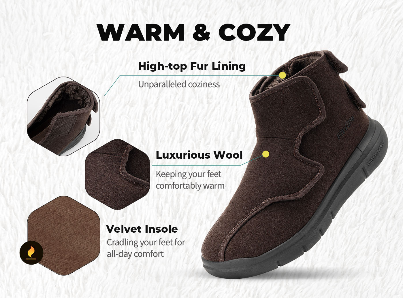 FitVille easy top diabetic Dark Brown Fleece winter boots/Slippers NWT size 11W Diabetic Winter Boots Men main image 3