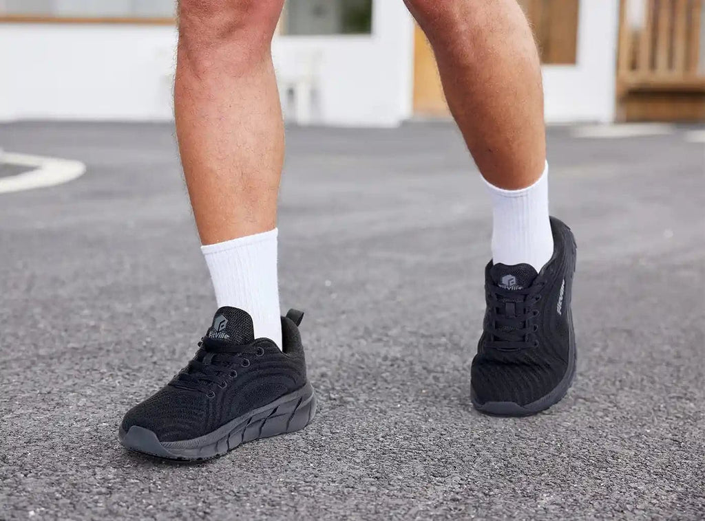  FitVille Men's Wide Walking Shoes Athletic Sneakers  Lightweight Workout Slip-on Shoes for Hands Free - Cloud Strider V1(8 Wide,  Black)
